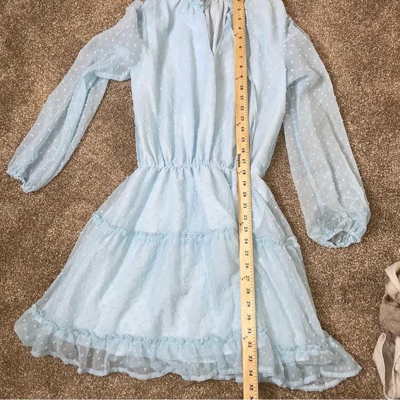 Dress swiss dot baby blue long puff sleeve tiered lined elastic waist SZ SM mini - Picture 6 of 9